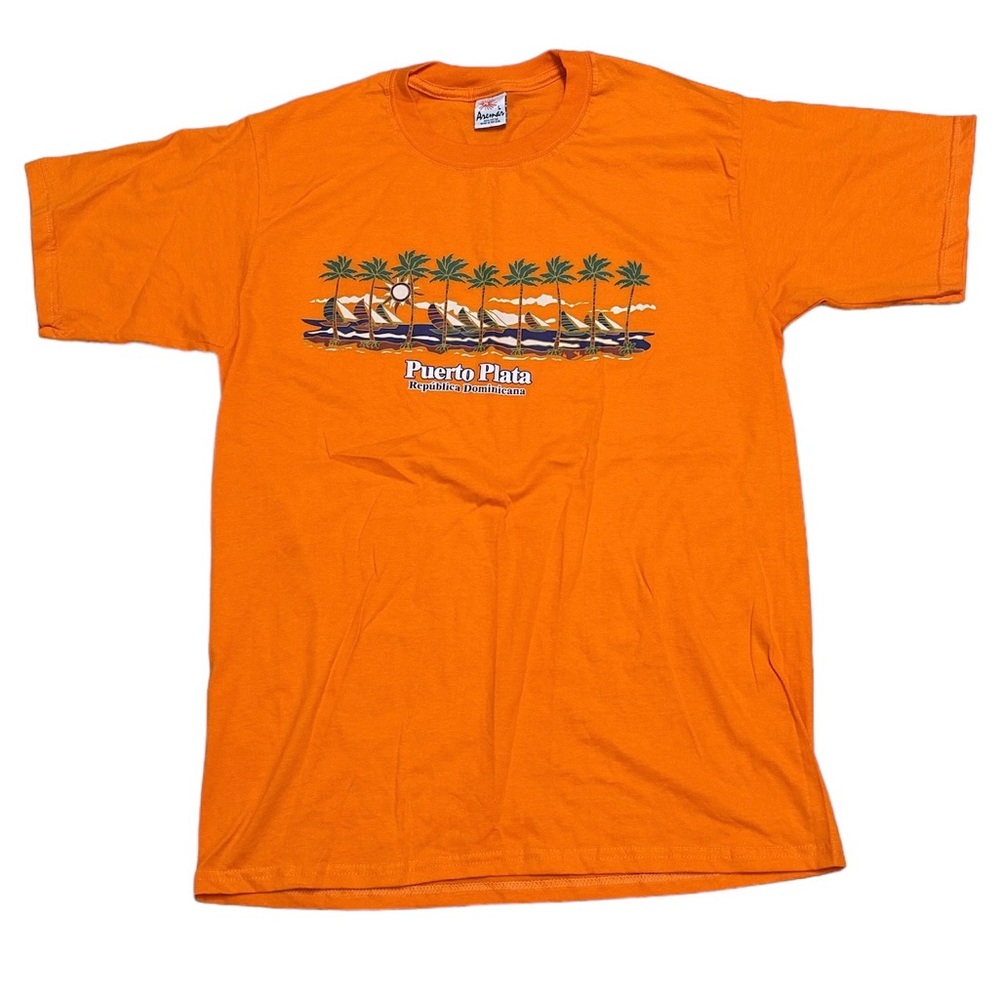 Aremar T Shirt Men’s Large Orange Puerto Plata Graphic Tee Palm Tree Casual